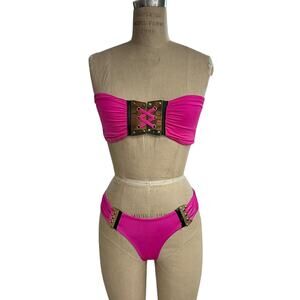 Beach Bunny Bikini Set Hot Pink Corset Tie Detail Top XL Bottoms M